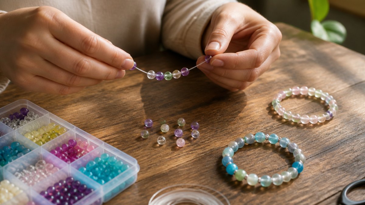 Hands stringing colorful glass beads onto elastic cord on a wooden workbench, with finished beaded bracelets in soft natural light