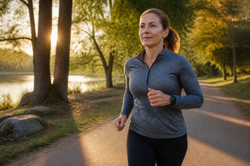 How to Start a Longevity Lifestyle: 7 Steps for 2026 1 A woman in her late 40s jogging on a tree-lined path at sunrise, wearing athletic clothing and a smartwatch, looking focused and healthy