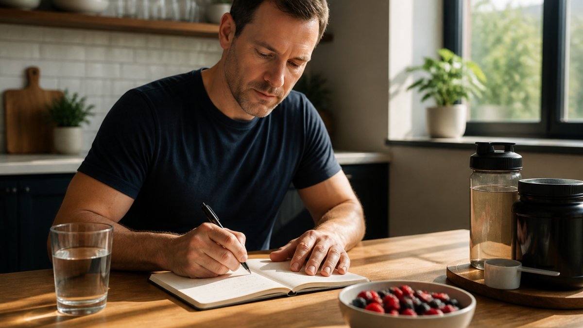 A person in their 40s sitting at a kitchen table in morning light, writing a simple weekly habit plan in a notebook with a glass of water and a bowl of berries nearby
