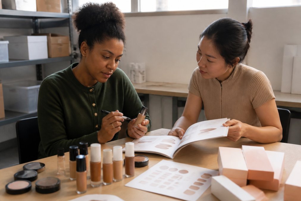 A woman entrepreneur in a bright workspace reviewing cosmetic product samples and packaging materials spread across a table with a manufacturer's catalog open beside her