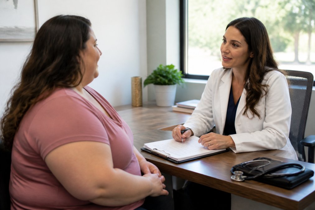 Healthcare provider consulting with patient in modern clinic, reviewing health records and discussing wellness goals with natural lighting