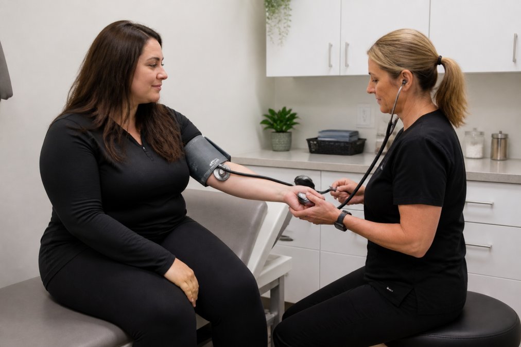 Patient monitoring vital signs with healthcare professional taking measurements and reviewing progress in wellness clinic with clinical lighting