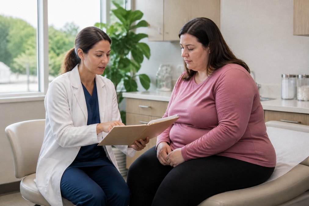 Physician and patient reviewing medical records and discussing weight loss goals in modern clinical examination room with natural lighting