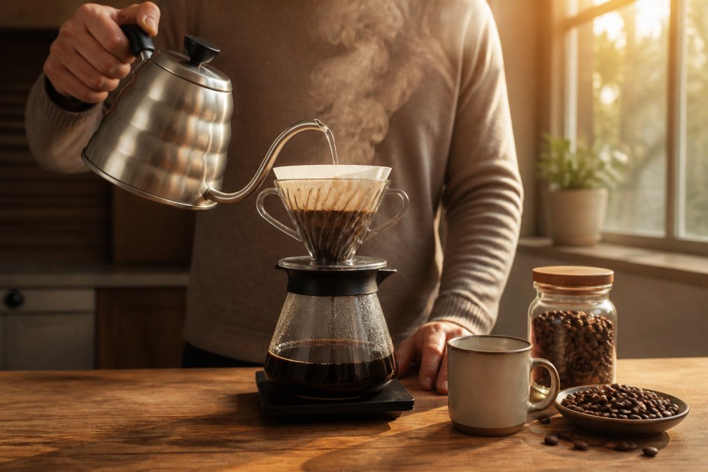 Pouring hot water over coffee grounds for a mindful coffee ritual in a sunlit kitchen with steam rising.