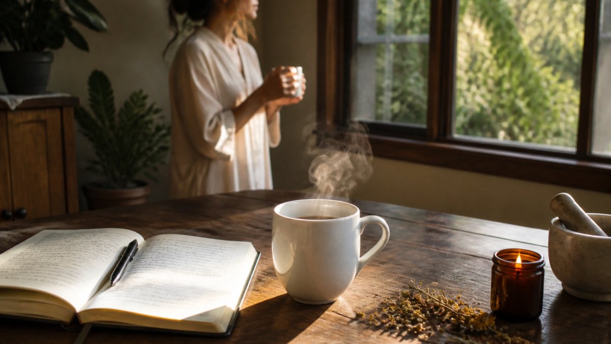 A cozy morning scene on a wooden table with a steaming white glossy mug of coffee beside an open journal and pen, dried herbs and a small candle nearby, soft window light casting gentle shadows