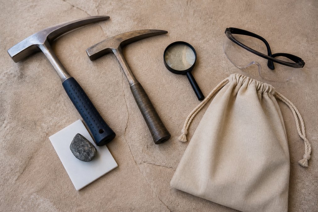 Flat lay arrangement of mineral collecting tools including rock hammer, geologist's pick, magnifying glass, safety glasses, collection bag, and streak plate on a neutral beige surface with natural lighting