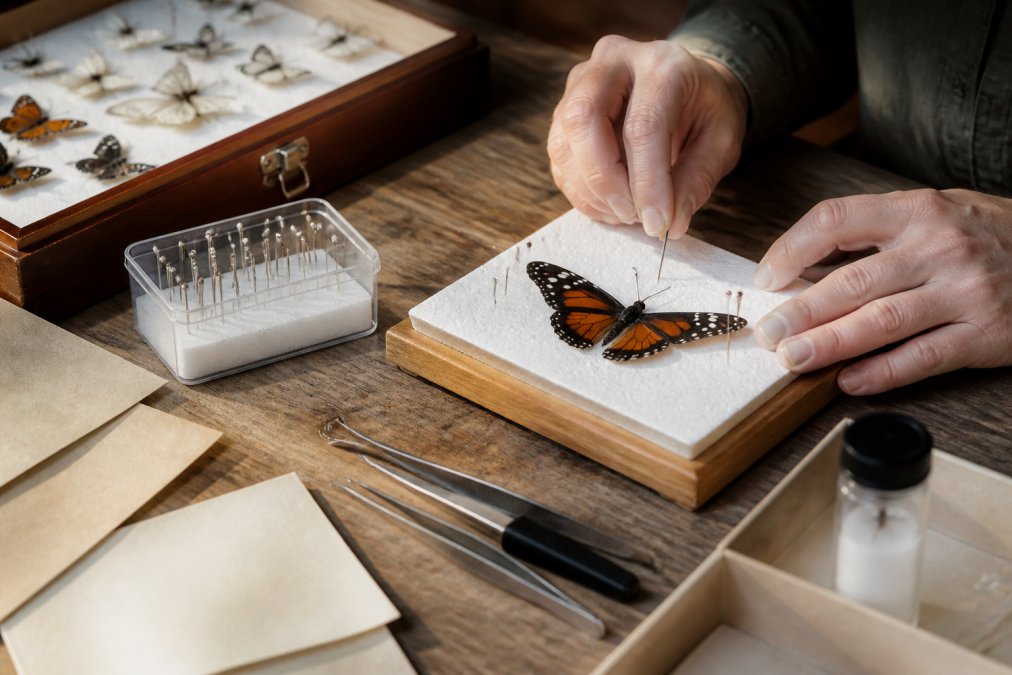 Close-up of hands carefully pinning a butterfly specimen onto a spreading board, with small labelling tools, archival envelopes, and preservation tools arranged neatly on a wooden work surface under warm natural light