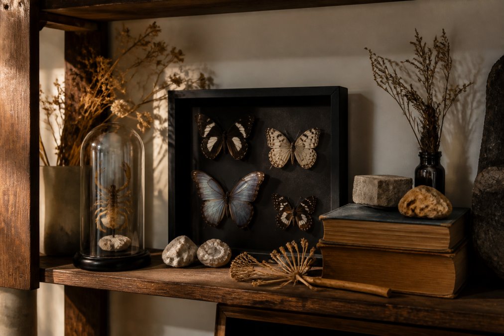 A styled timber shelf featuring a glass dome enclosing a scorpion specimen and a black shadowbox frame with butterfly specimens, surrounded by dried botanicals, small natural rocks, and stacked books, photographed in warm afternoon light