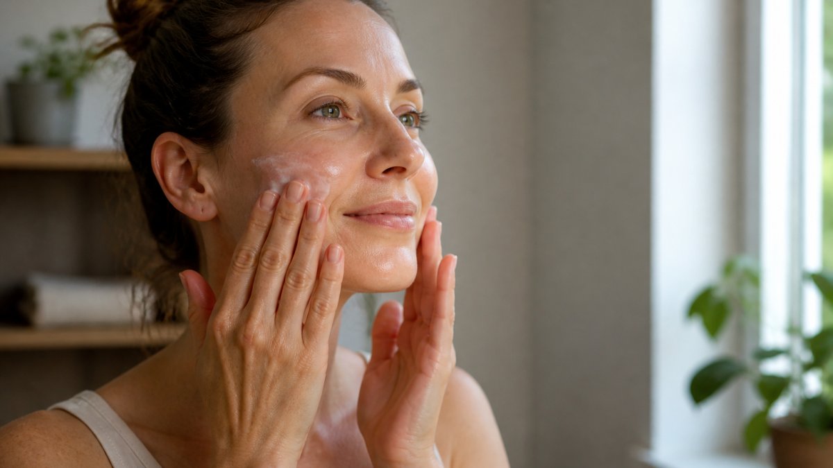 Person gently massaging natural moisturizing cream into face with fingertips, hands showing circular massage motions on cheek, soft natural lighting from window