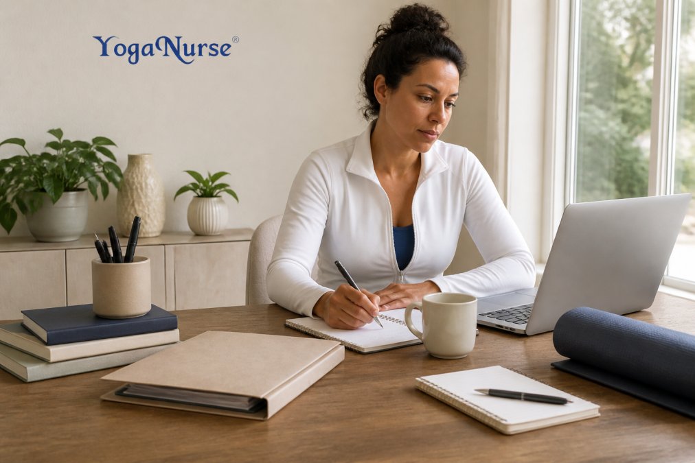 Nurse entrepreneur planning a nursing wellness business at a bright desk with a laptop and coffee