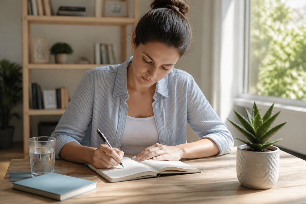 A person sitting at a desk in a bright home office, writing notes in a wellness journal with a glass of water and a small plant nearby