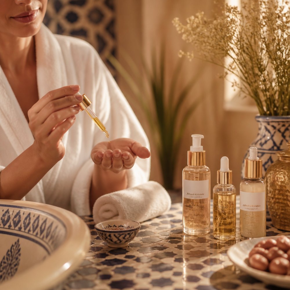 A woman in her forties at a bathroom vanity, applying a few drops of golden facial oil to her fingertips, with a simple lineup of three skincare bottles beside her and soft morning light through a window