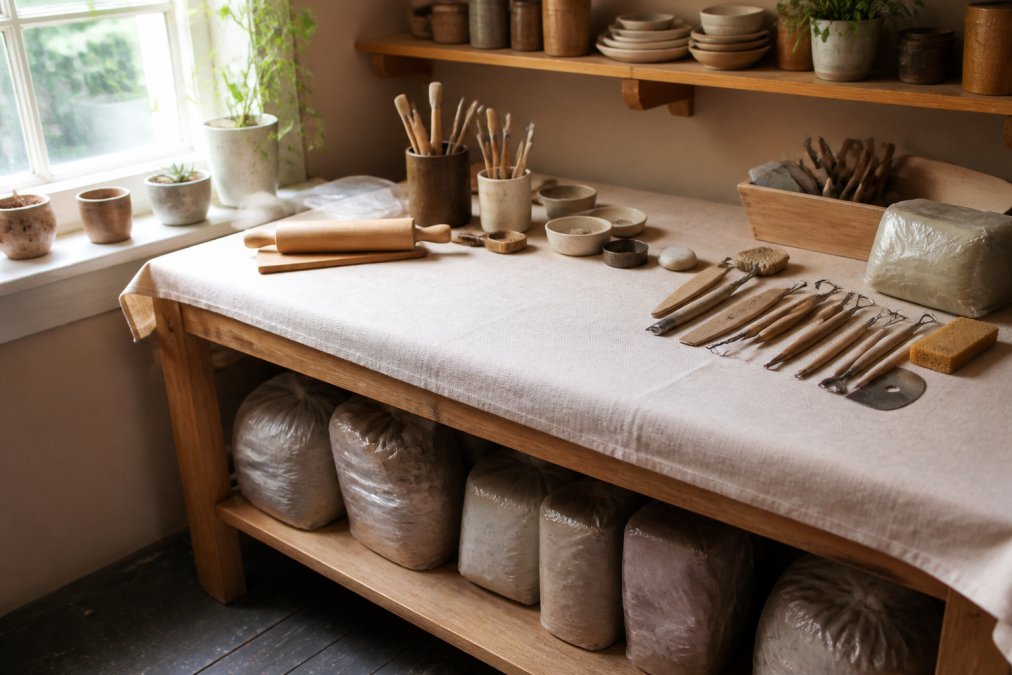 Diagram illustrating how to start a pottery hobby with a home studio workspace setup and essential clay tools.
