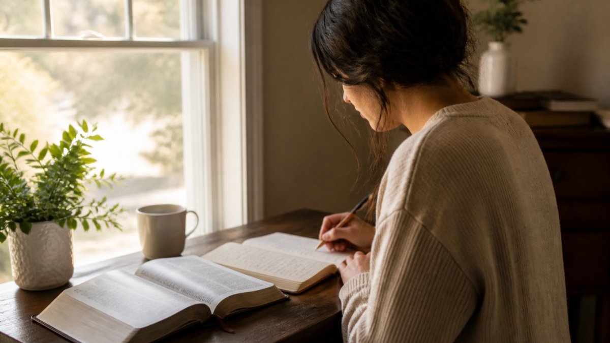 A woman sitting at a small wooden desk by a window in the early morning, an open journal and a Bible in front of her, a cup of coffee nearby, soft natural light filling the room