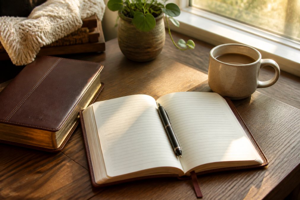 Open prayer journal with a pen and Bible on a wooden desk with coffee in soft morning light