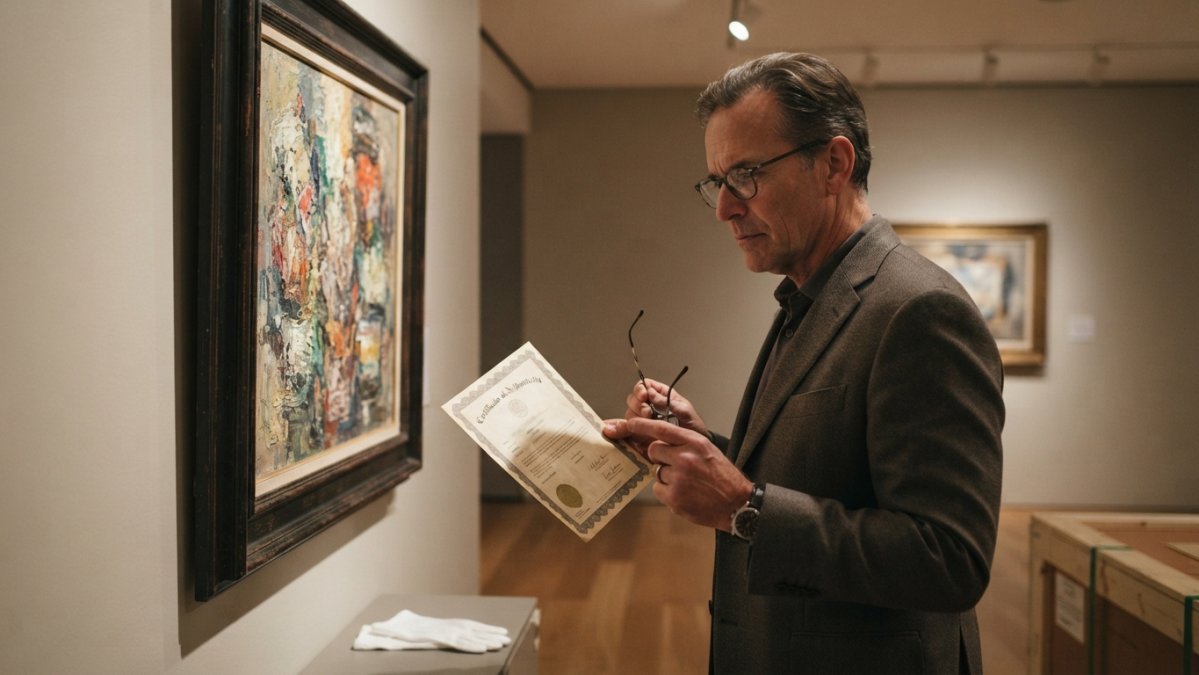 Collector examining a framed artwork under gallery lights while reviewing a certificate of authenticity document.