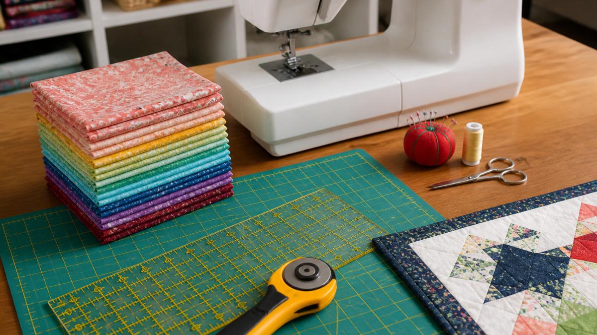 A beginner quilter's workspace on a wooden table with a sewing machine, rotary cutter, acrylic ruler, cutting mat, and a stack of colorful fabric squares neatly arranged