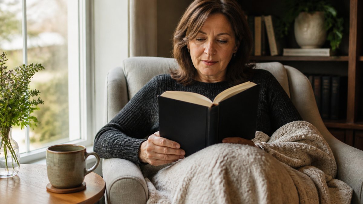 A woman in her forties relaxing in a cozy armchair by a window, reading a hardcover mystery novel with a mug of tea on a side table and a soft blanket over her lap