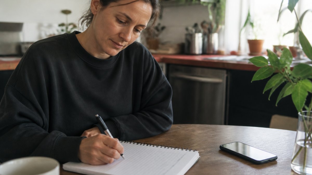 A person sitting at a kitchen table in early morning light with a notebook, pen, and phone, writing a short list of names and phone numbers to call for support