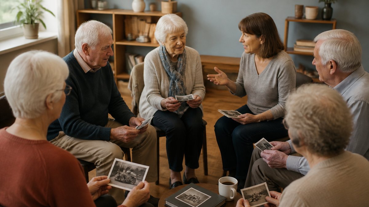 Small group of older adults seated in a circle engaged in conversation and looking at vintage photographs together, with a facilitator gently guiding the discussion in a warm, naturally lit room