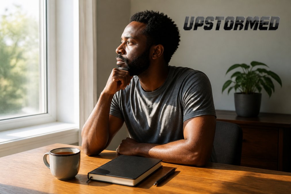 A person sitting at a wooden desk with a closed journal, pen, and a cup of tea, looking thoughtfully out a window in soft morning light