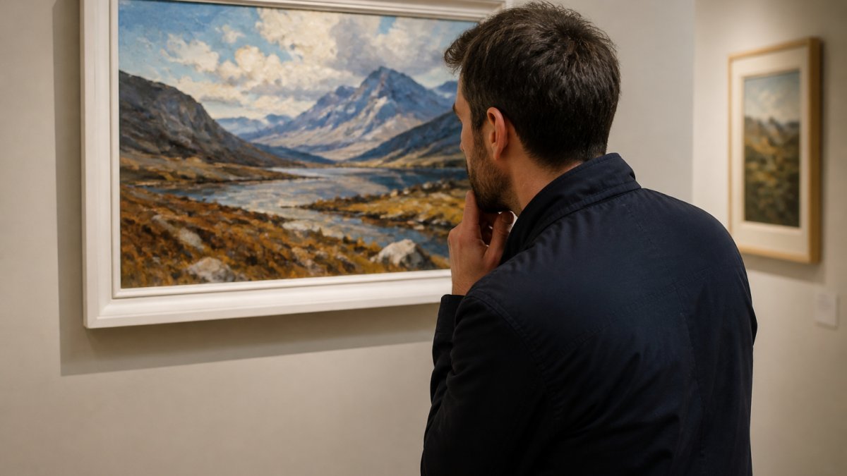 Art collector examining the intricate brushwork of a framed Scottish landscape painting in a gallery.