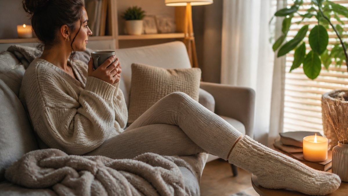 Person relaxing at home in a cosy living space with warm ambient lighting, holding a hot drink, wearing comfortable wool socks, with a soft blanket nearby and a lit candle on the side table
