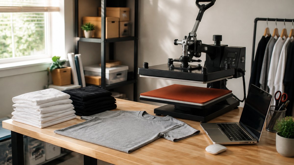 A home workspace with a heat press on a sturdy table, stacks of folded blank T-shirts, and a laptop showing a colorful design mockup, natural window light across the room