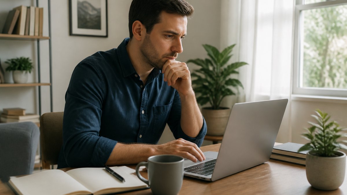 A person in their 30s sitting at a home desk with a laptop, notebook, and coffee, researching business ideas on the screen