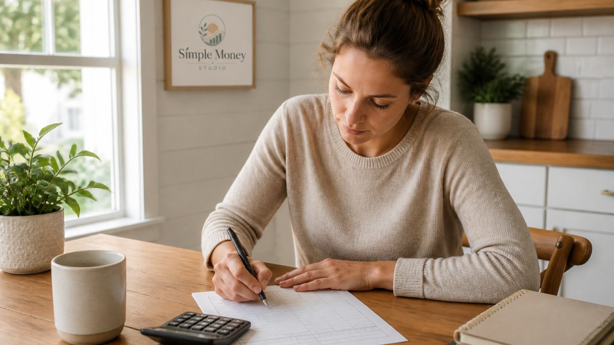 Person filling out a printable savings goal tracker with a pen and calculator at a sunny kitchen table