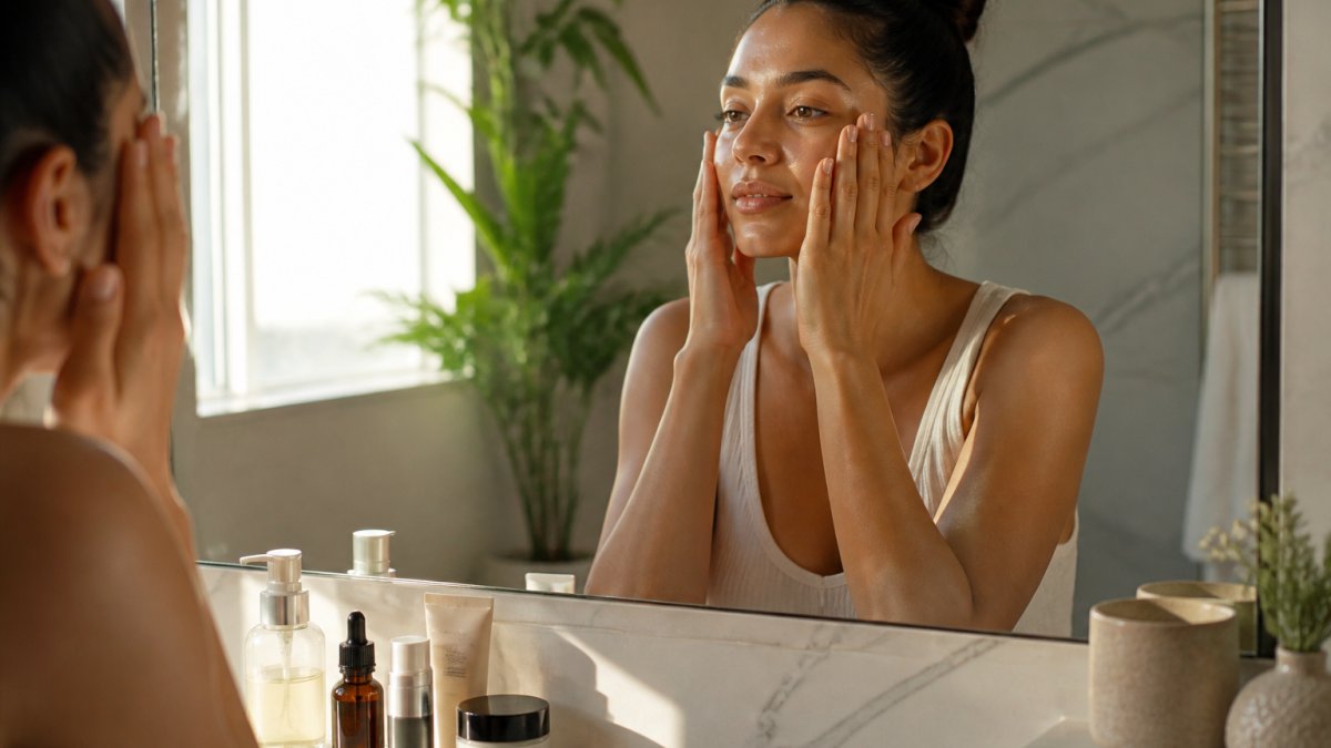 Person at bathroom sink in morning light, applying skincare products with fingertips to clean face, with products arranged on marble counter