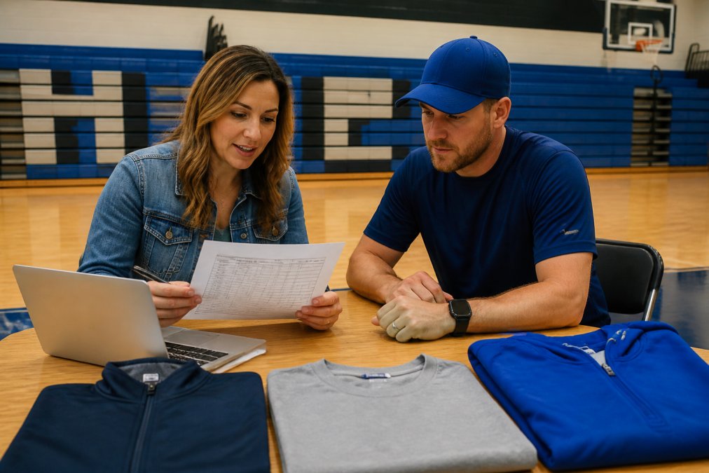 A parent volunteer and a coach sitting at a table with a laptop, reviewing a spirit wear order form and folded apparel samples in a school gymnasium under bright overhead lighting