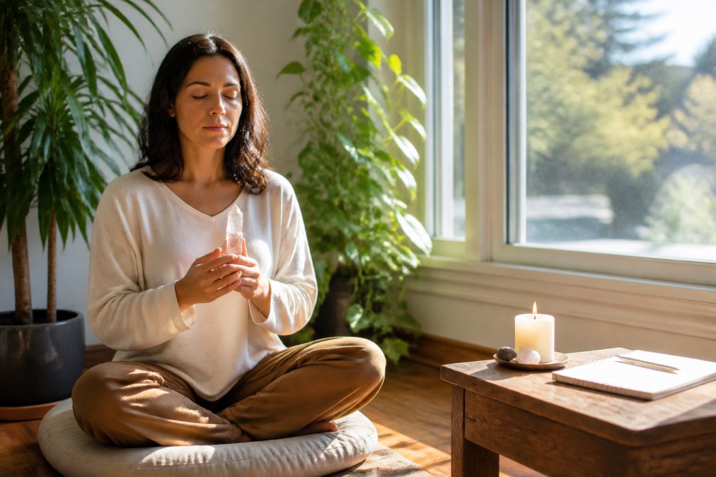 Steps for a daily spiritual practice featuring meditation with a crystal, journaling, and candlelit reflection.