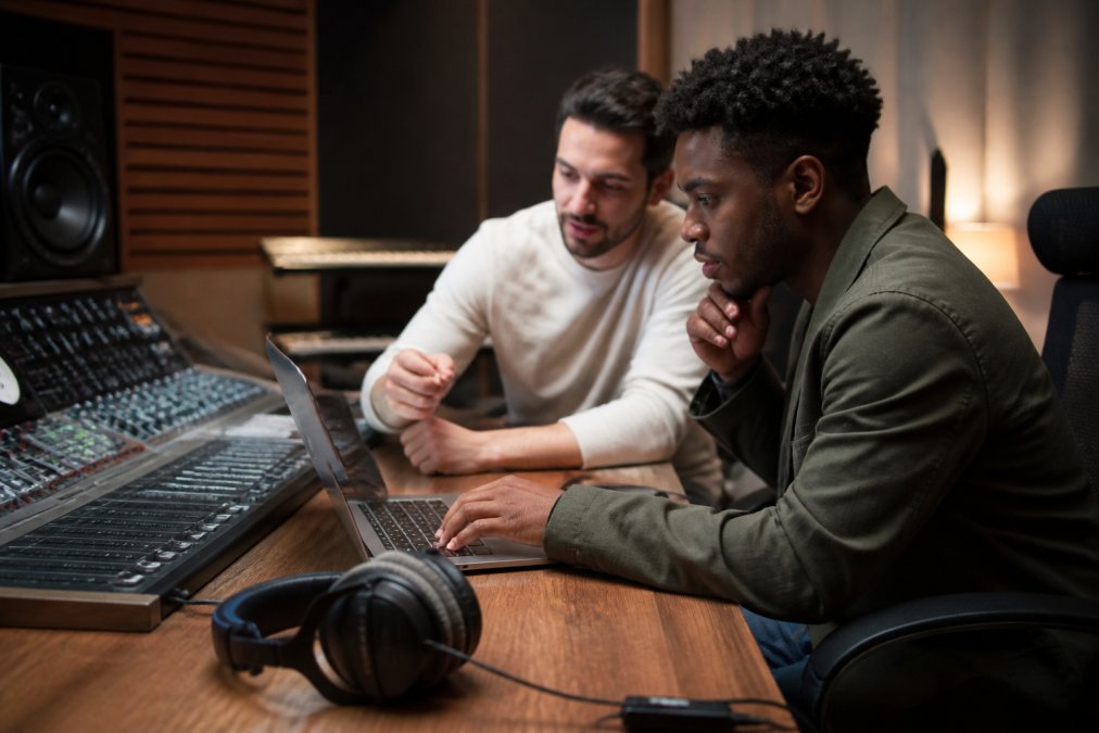 Music producer and artist collaborating in a professional recording studio, reviewing tracks on a laptop with headphones and mixing equipment visible, discussing production details