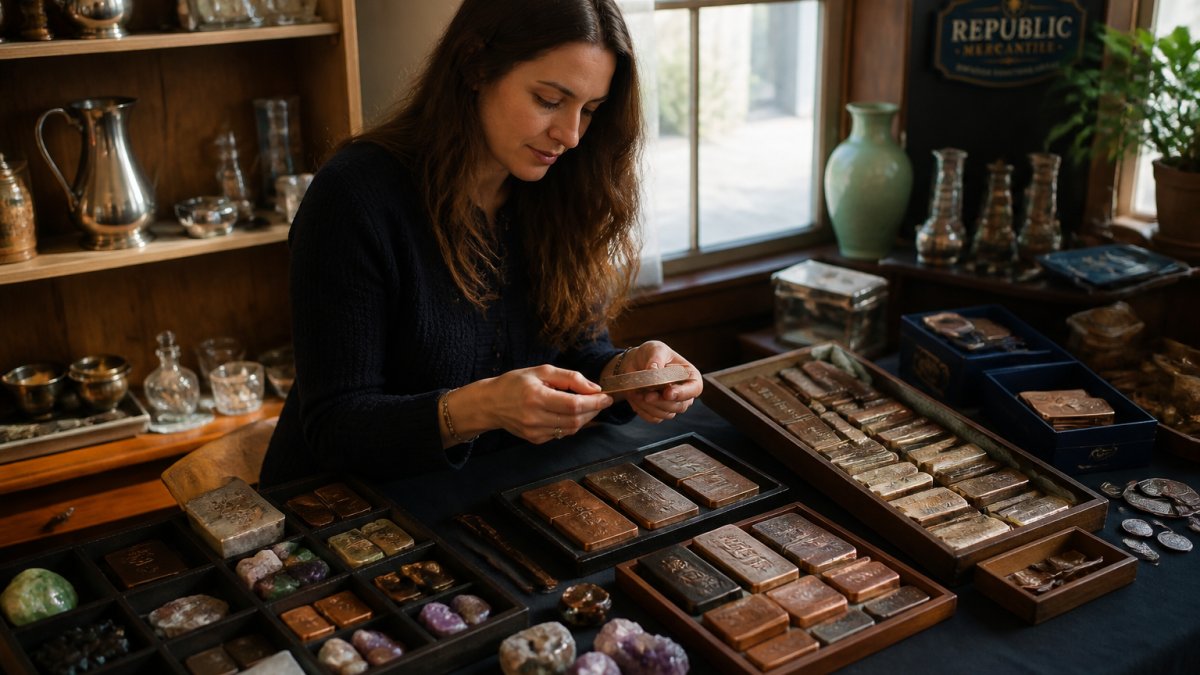 Collector carefully examining vintage metal art bars and gemstone pieces at an organized estate sale table, natural afternoon light streaming through windows