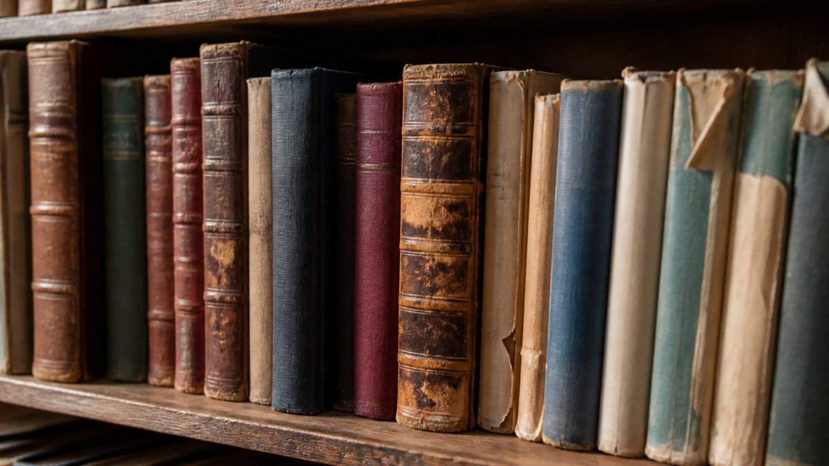 Close-up of vintage books with worn leather spines and aged pages displayed on wooden shelf, showing dust jackets and various binding styles from different decades