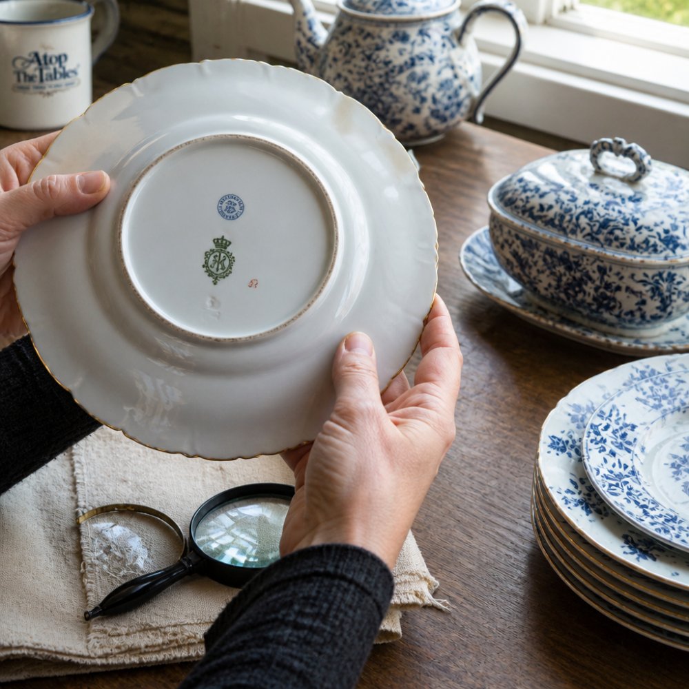 Close-up of hands examining a vintage porcelain plate under natural light, showing maker's marks and hallmarks on the underside with careful inspection