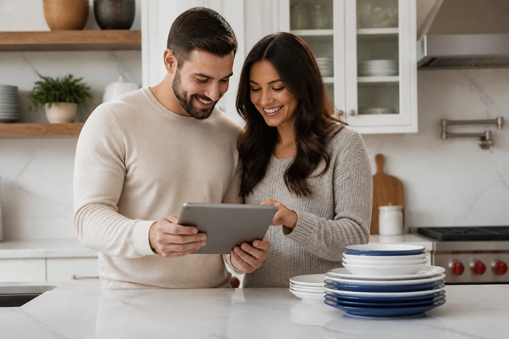 A happy couple in a bright, modern kitchen, holding a tablet and looking at it together, with a stack of elegant white and blue dinner plates on the counter beside them