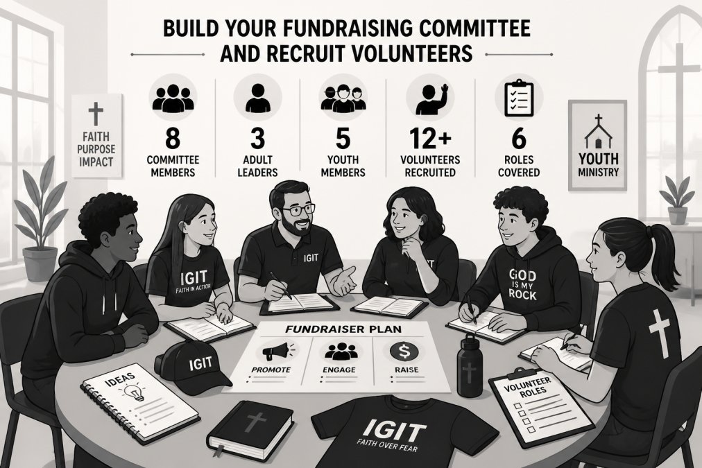 Diverse group of youth group members and adult leaders gathered around a table in a bright church fellowship hall, planning and discussing fundraiser strategy with notebooks, clipboards, and fundraising materials visible, natural afternoon lighting through windows