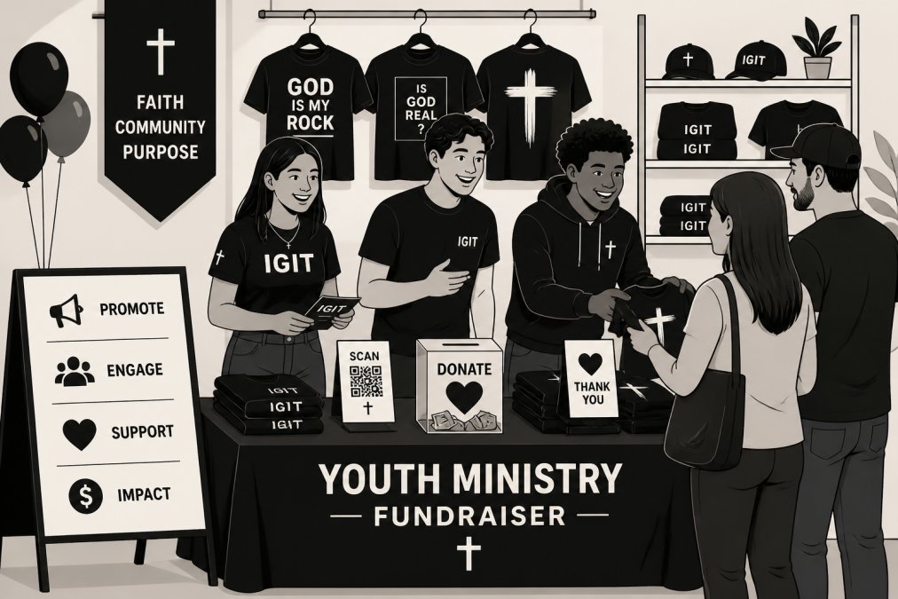 Young people wearing contemporary faith-inspired apparel at a vibrant church community event, smiling and engaging with community members at a fundraiser table with signage and donation materials in the background, bright natural lighting