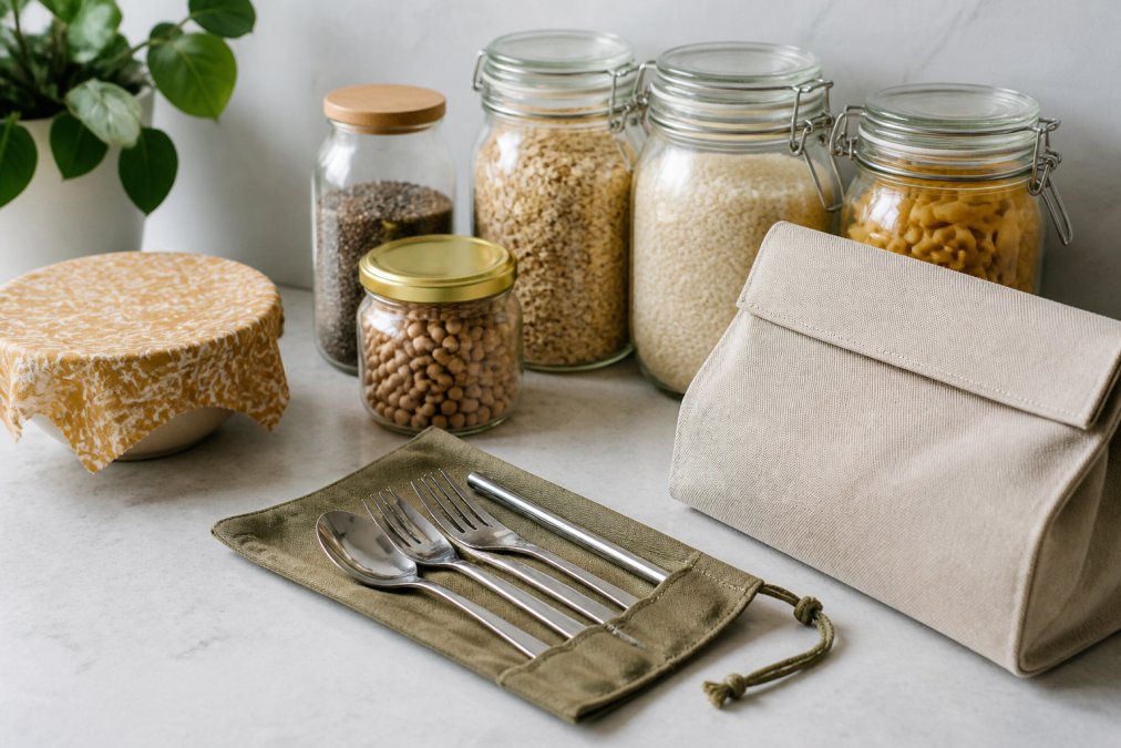 A bright kitchen countertop with glass jars filled with pantry staples, a beeswax wrap covering a bowl, and a reusable stainless steel cutlery set in a hemp pouch resting beside a lunch bag