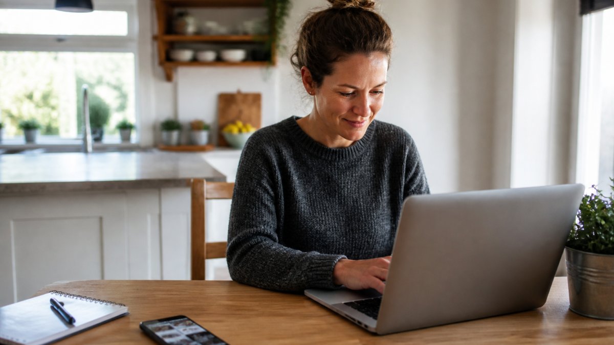 A parent working on a laptop at a kitchen table with a smartphone showing a social media feed nearby, natural daylight, relaxed home setting