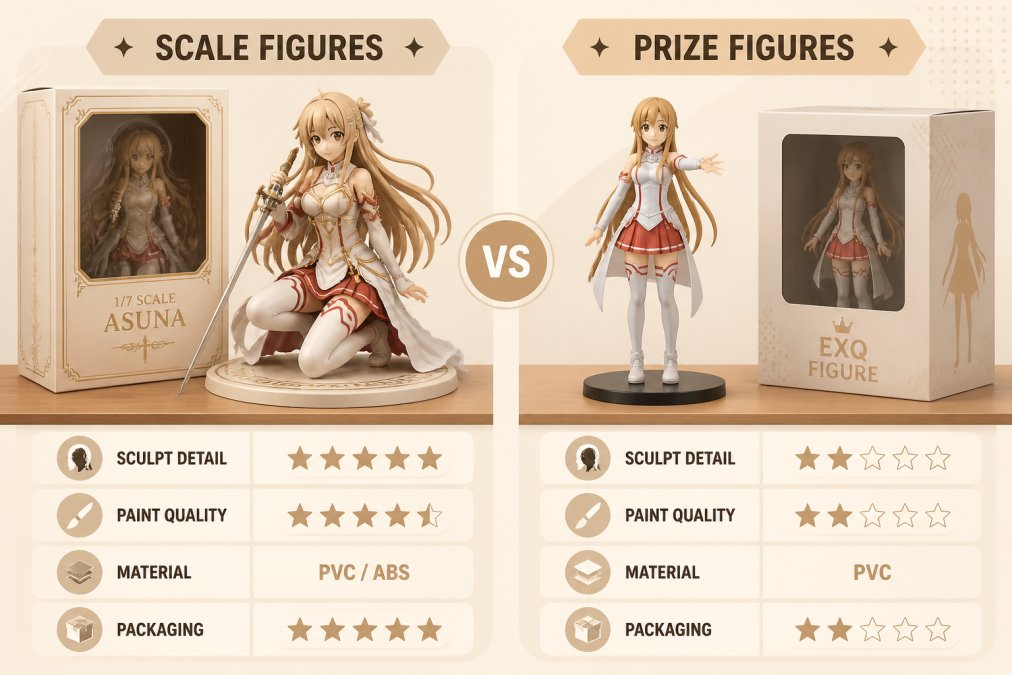 Close-up of a detailed scale figure with intricate paint work and a simpler prize figure displayed side by side on a wooden shelf, showing the visible difference in sculpting detail, hand-painted elements, and packaging quality