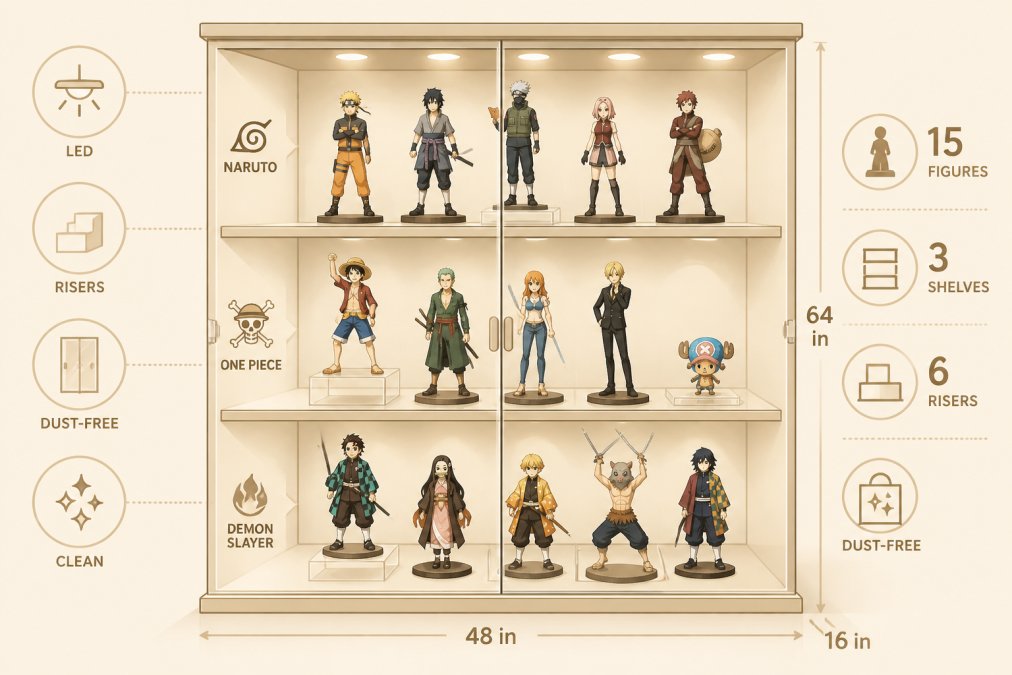 A well-organized anime figure collection displayed in a glass display case with soft LED lighting, acrylic risers at varying heights, and dust-free glass doors, showing multiple scale figures arranged by series