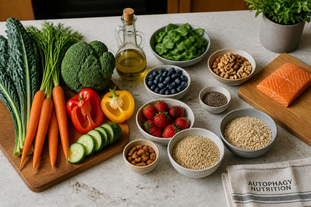 Overhead shot of a kitchen counter with colorful vegetables, olive oil, nuts, berries, and whole grains arranged for meal prep