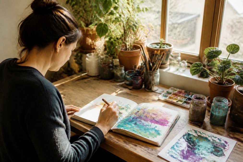 Person sitting at a desk with an open art journal, paintbrush in hand, creating colorful abstract artwork in a bright, natural-lit workspace with plants and natural window lighting