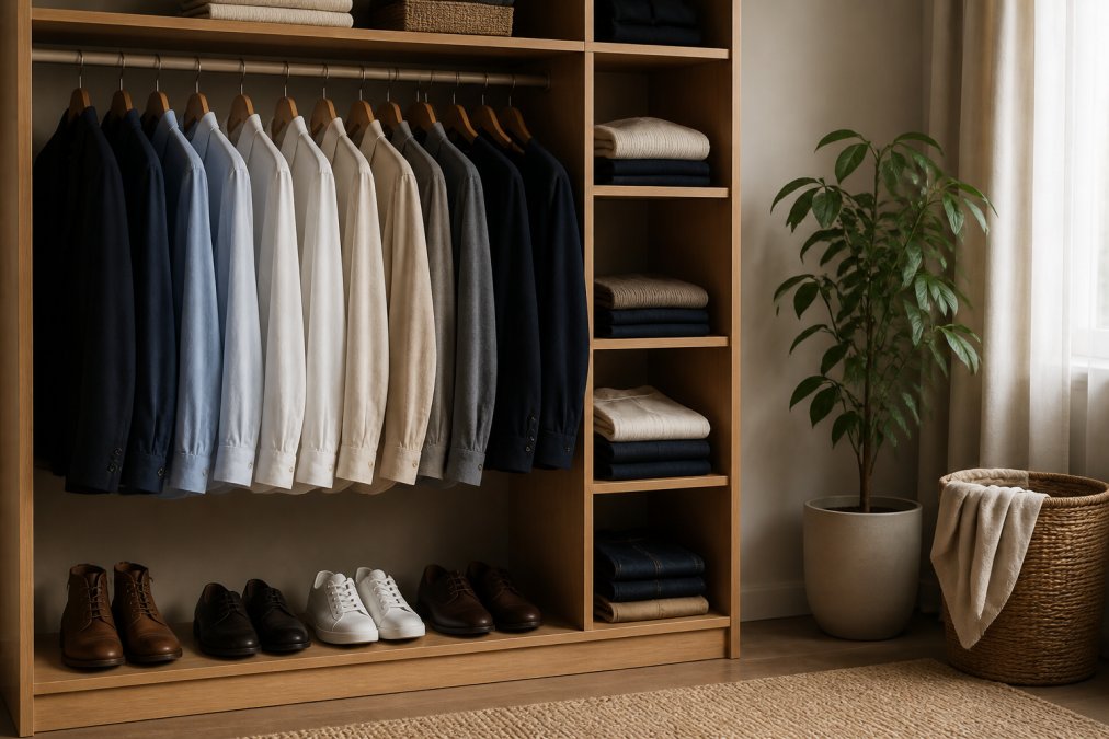 A curated capsule wardrobe of neutral shirts and leather shoes in a neatly organized closet for an ethical men's style.