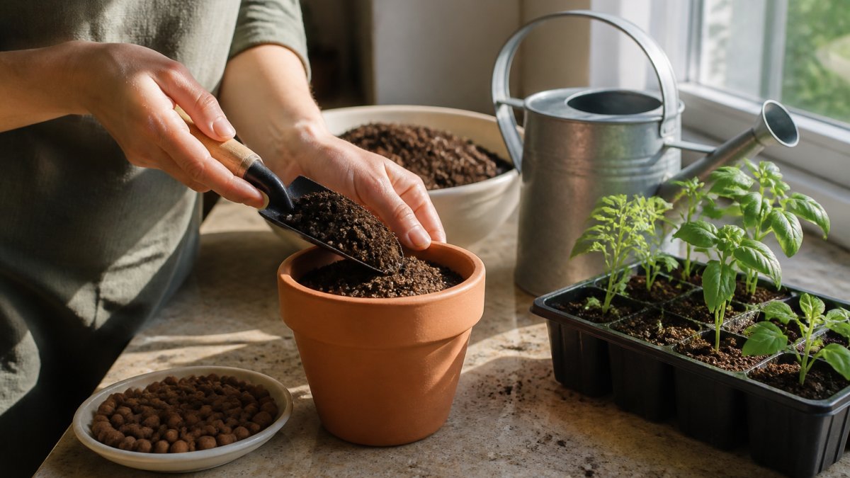 Close-up of hands filling a small terracotta-colored pot with potting mix on a kitchen counter, with a few herb seedlings and a watering can nearby in natural window light