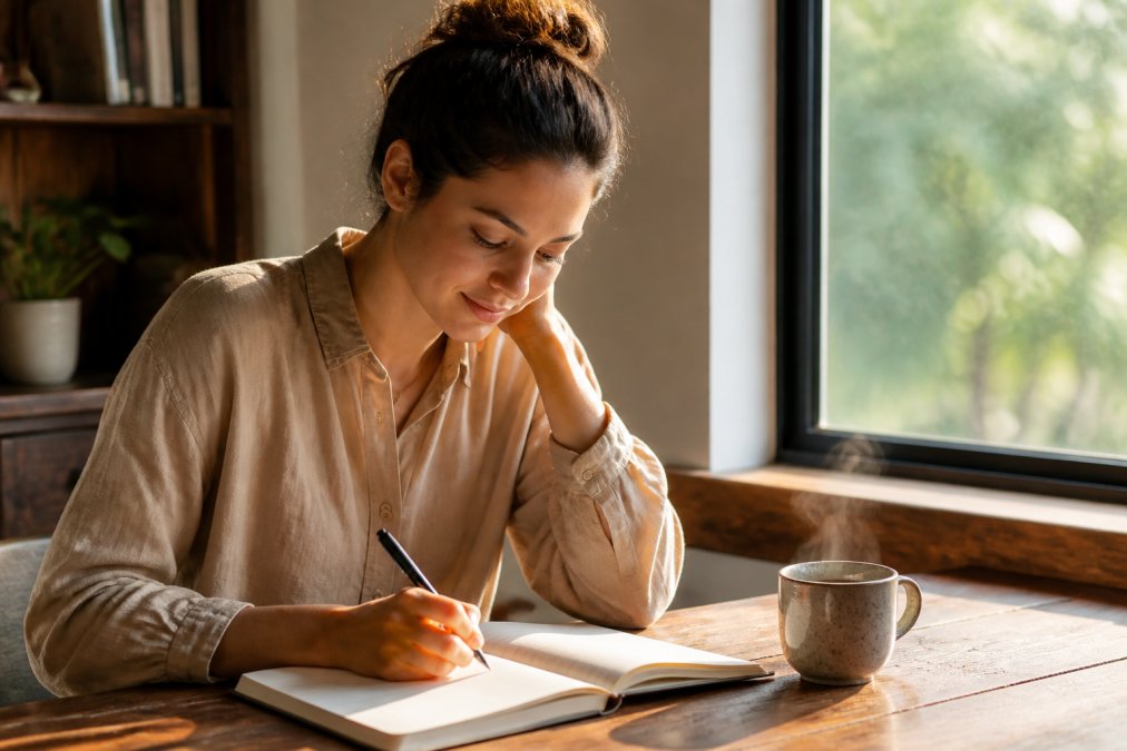 Person sitting at a wooden table with an open journal and pen, writing reflectively near a window with warm natural daylight streaming in, a steaming mug of tea beside the notebook