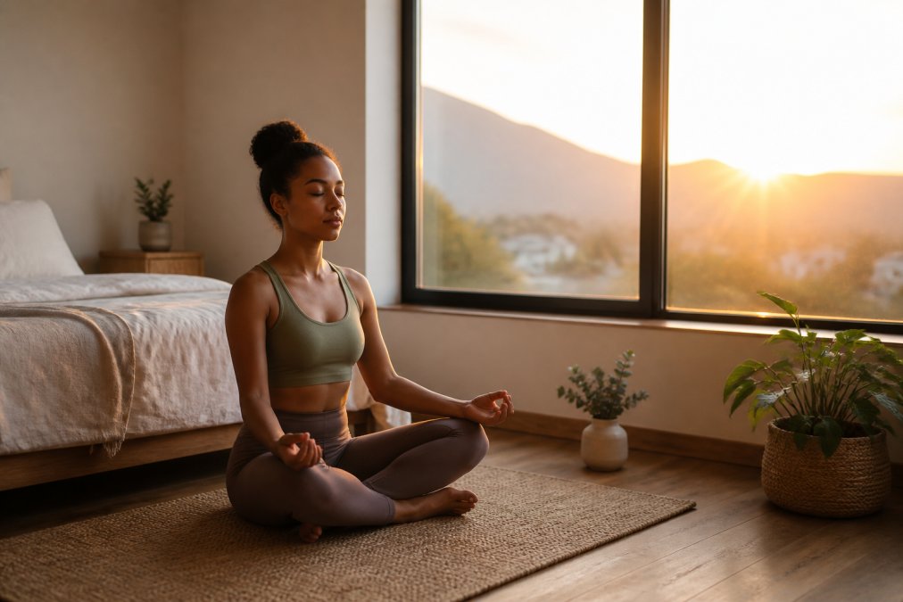 Person sitting cross-legged on a bedroom floor near a window at sunrise, eyes closed in meditation or mindfulness practice, with a calm minimalist bedroom environment and soft morning light